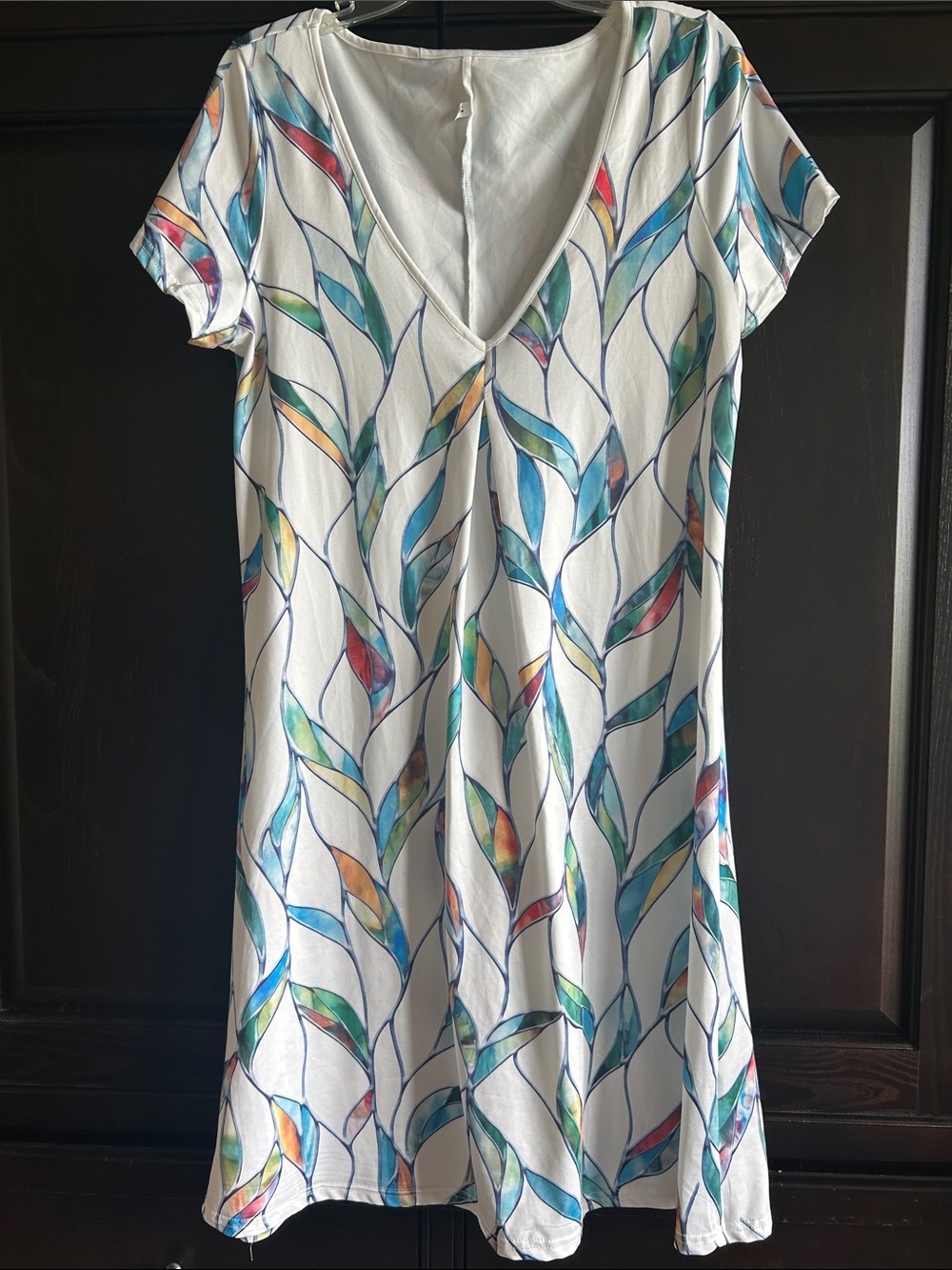 White V-Neck Dress with Multicolor Leaf Print